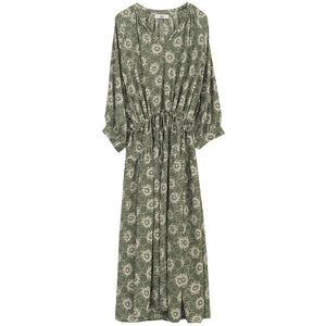 [EAM] Women Pattern Printed Big Size Long Dress New V-Neck Three-quarter Sleeve Loose Fit Fashion Tide Spring Summer 2020 1U757