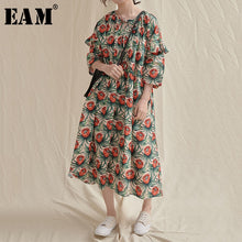 Load image into Gallery viewer, [EAM] Women Green Pattern Printed Long Big Size Dress New Round Neck Three-quarter Sleeve Loose Fashion Spring Summer 2020 1U760
