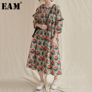 [EAM] Women Green Pattern Printed Long Big Size Dress New Round Neck Three-quarter Sleeve Loose Fashion Spring Summer 2020 1U760