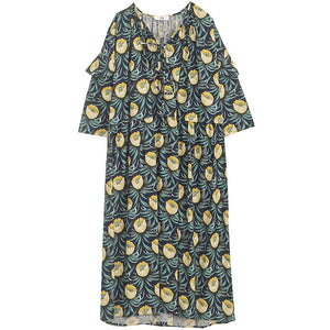 [EAM] Women Green Pattern Printed Long Big Size Dress New Round Neck Three-quarter Sleeve Loose Fashion Spring Summer 2020 1U760