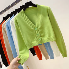 Load image into Gallery viewer, Knitted Crop Cardigan Women Korean Short Sweater Long sleeve V neck Green Blue
