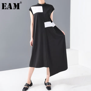 [EAM] Women Black Irregular Split Long Dress New Stand Collar Sleeveless Loose Fit Fashion Tide Spring Summer 2020 1T36001