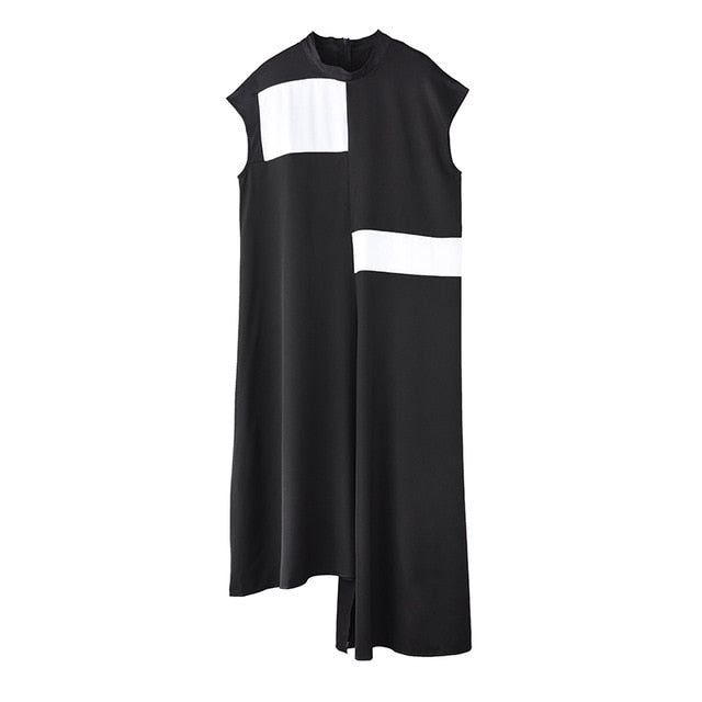 [EAM] Women Black Irregular Split Long Dress New Stand Collar Sleeveless Loose Fit Fashion Tide Spring Summer 2020 1T36001