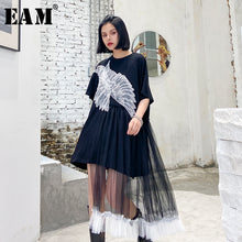 Load image into Gallery viewer, [EAM] Women Black Wings Mesh Split Big Size Dress New Round Neck Half Sleeve Loose Fit Fashion Tide Spring Summer 2020 1U010
