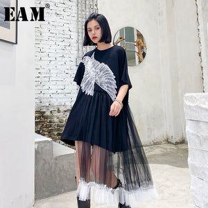 [EAM] Women Black Wings Mesh Split Big Size Dress New Round Neck Half Sleeve Loose Fit Fashion Tide Spring Summer 2020 1U010