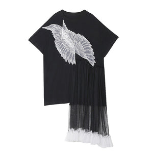 [EAM] Women Black Wings Mesh Split Big Size Dress New Round Neck Half Sleeve Loose Fit Fashion Tide Spring Summer 2020 1U010