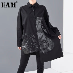 [EAM] Women Black Pattern Printed Irregular Big Size Blouse New Lapel Long Sleeve Loose Shirt Fashion Spring Summer 2020 1R93301