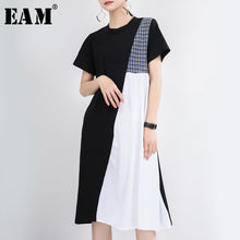 Load image into Gallery viewer, [EAM] Women Black Plaid Split Joint Temperament Dress New Round Neck Long Sleeve Loose Fit Fashion Tide Spring Summer 2020 1T359
