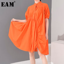 Load image into Gallery viewer, [EAM] Women Orange Pleated Big Size Shirt Dress New Stand Collar Half Sleeve Loose Fit Fashion Tide Spring Summer 2020 1U17306
