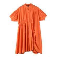 Load image into Gallery viewer, [EAM] Women Orange Pleated Big Size Shirt Dress New Stand Collar Half Sleeve Loose Fit Fashion Tide Spring Summer 2020 1U17306
