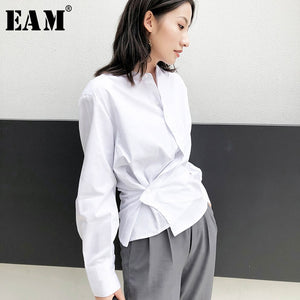 [EAM] Women White Irregular Split Big Size Blouse New Stand Collar Long Sleeve Loose Fit Shirt Fashion Spring Autumn 2020 1W515