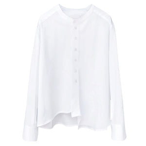 [EAM] Women White Irregular Split Big Size Blouse New Stand Collar Long Sleeve Loose Fit Shirt Fashion Spring Autumn 2020 1W515