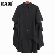 Load image into Gallery viewer, [EAM] Women Black Ruffles Back Long Big Size Blouse New Lapel Short Sleeve Loose Fit Shirt Fashion Tide Spring Summer 2020 1U193
