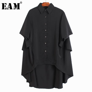 [EAM] Women Black Ruffles Back Long Big Size Blouse New Lapel Short Sleeve Loose Fit Shirt Fashion Tide Spring Summer 2020 1U193