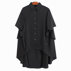 [EAM] Women Black Ruffles Back Long Big Size Blouse New Lapel Short Sleeve Loose Fit Shirt Fashion Tide Spring Summer 2020 1U193