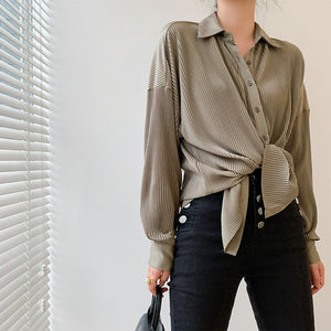 [EAM] Women Gray Pleated Split Big Size Blouse New Lapel Long Sleeve Loose Fit Shirt Fashion Tide Spring Autumn 2020 1W495