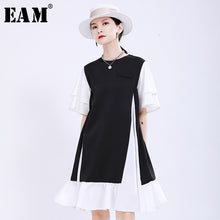 Load image into Gallery viewer, [EAM] Women Black Contrast Color Split Joint Dress New Round Neck Short Sleeve Loose Fit Fashion Tide Spring Summer 2020 1U495
