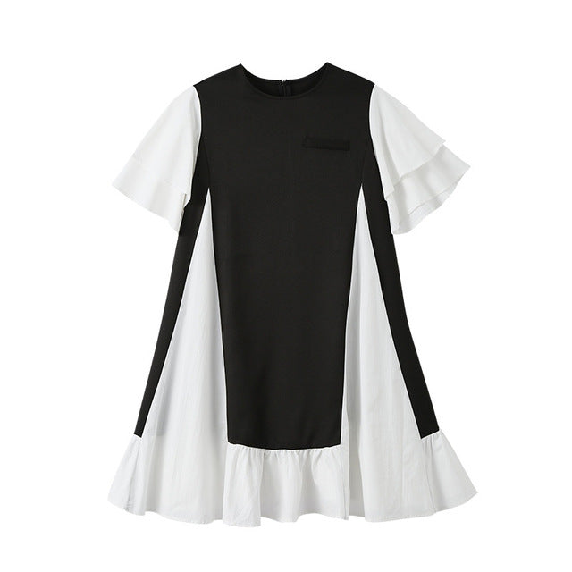 [EAM] Women Black Contrast Color Split Joint Dress New Round Neck Short Sleeve Loose Fit Fashion Tide Spring Summer 2020 1U495