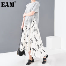 Load image into Gallery viewer, [EAM] Women Gray Hem Pattern Printed Long Big Size Dress New Round Neck Short Sleeve Loose Fashion Spring Summer 2020 1T21302
