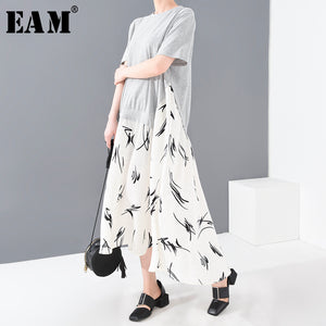 [EAM] Women Gray Hem Pattern Printed Long Big Size Dress New Round Neck Short Sleeve Loose Fashion Spring Summer 2020 1T21302