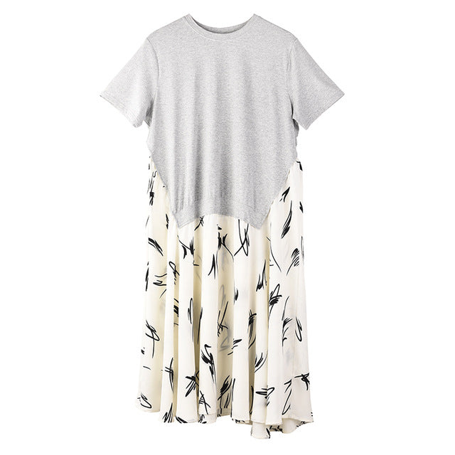 [EAM] Women Gray Hem Pattern Printed Long Big Size Dress New Round Neck Short Sleeve Loose Fashion Spring Summer 2020 1T21302