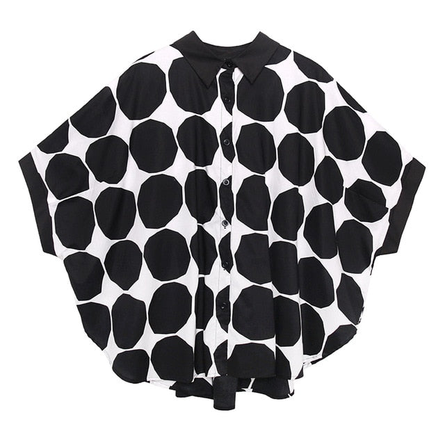 [EAM] Women Black Dot Priinted Big Size Blouse New Lapel Long Sleeve Loose Fit Shirt Fashion Tide Spring Summer 2020 1W678