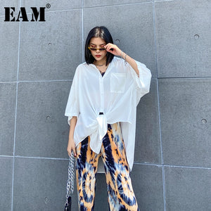 [EAM] Women White Irregular Big Size Long Thin Blouse New Lapel Half Sleeve Loose Fit Shirt Fashion Spring Summer 2020 1W563