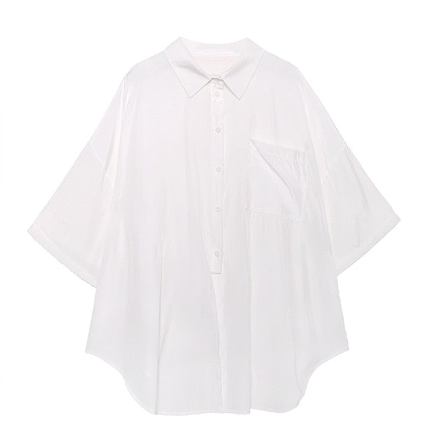 [EAM] Women White Irregular Big Size Long Thin Blouse New Lapel Half Sleeve Loose Fit Shirt Fashion Spring Summer 2020 1W563