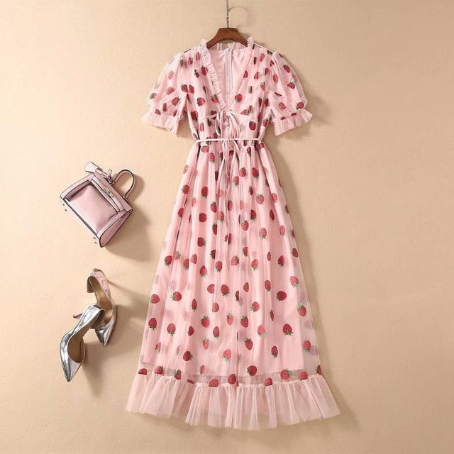 Sexy V-Neck Belt Strawberry Hot stamping Short Sleeve Party Mid-Length Dress Net Yarn Summer New Women'S Clothing