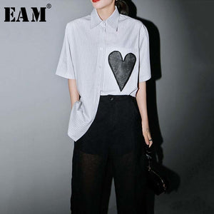 [EAM] Women Gray Striped Split Big Size Blouse New Lapel Half Sleeve Loose Fit Shirt Fashion Tide Spring Summer 2020 1W232