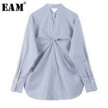 Load image into Gallery viewer, [EAM] Women Blue Stripe Dback Knot Split Big Size Blouse New Lapel Long Sleeve Loose Fit Shirt Fashion Spring Autumn 2020 1U353
