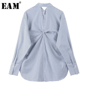 [EAM] Women Blue Stripe Dback Knot Split Big Size Blouse New Lapel Long Sleeve Loose Fit Shirt Fashion Spring Autumn 2020 1U353