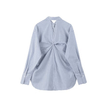 Load image into Gallery viewer, [EAM] Women Blue Stripe Dback Knot Split Big Size Blouse New Lapel Long Sleeve Loose Fit Shirt Fashion Spring Autumn 2020 1U353
