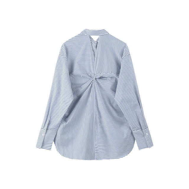 [EAM] Women Blue Stripe Dback Knot Split Big Size Blouse New Lapel Long Sleeve Loose Fit Shirt Fashion Spring Autumn 2020 1U353