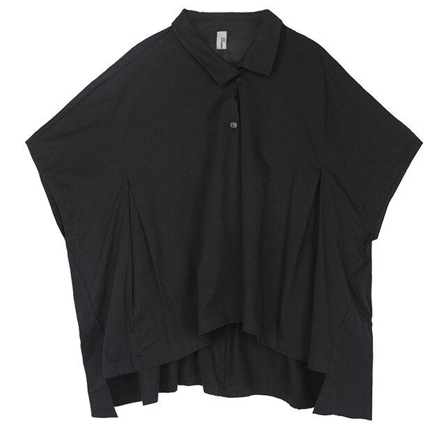 [EAM] Women Black Split Irregular Big Size Blouse New Lapel Half Sleeve Loose Fit Shirt Fashion Tide Spring Summer 2020 1U732