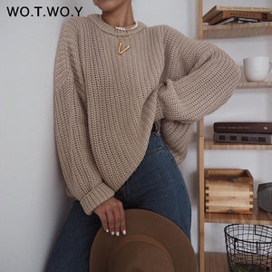 WOTWOY Elegant Autumn Oversized Sweater Women Solid Loose Knitted Sweaters Women Long Sleeve Pullover Female Jumper Cashmere New