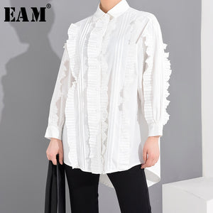 [EAM] Women White Pleated Split Big Size Blouse New Lapel Long Sleeve Loose Fit Shirt Fashion Tide Spring Summer 2020 1S27001