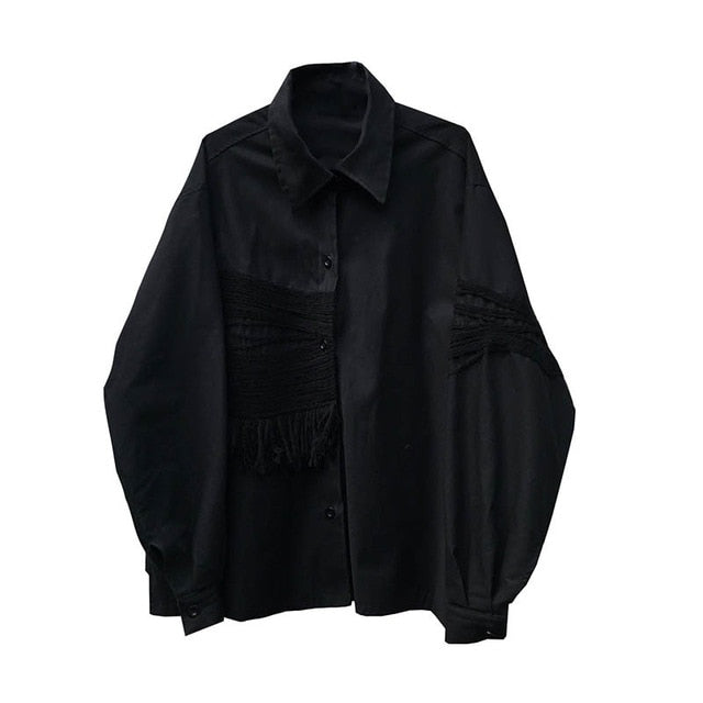 [EAM] Women Black Pattern Tassels Big Size Blouse New Lapel Long Sleeve Loose Fit Shirt Fashion Tide Spring Summer 2020 1W397