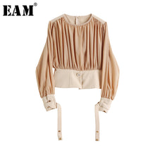 Load image into Gallery viewer, [EAM] Women Khaki Pleated Ribbon Blouse New Round Neck  Long Sleeve Loose Fit Shirt Fashion Tide Spring Autumn 2020 1W152
