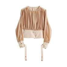 Load image into Gallery viewer, [EAM] Women Khaki Pleated Ribbon Blouse New Round Neck  Long Sleeve Loose Fit Shirt Fashion Tide Spring Autumn 2020 1W152
