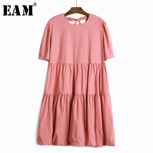 [EAM] Women Back Bandage Pleated Green Dress New Round Neck Half Lantern Sleeve Loose Fit Fashion Tide Spring Summer 2020