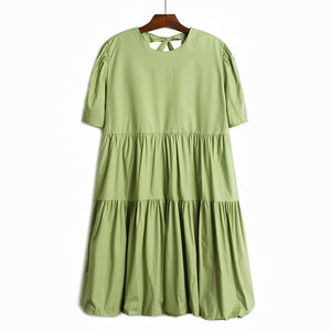 [EAM] Women Back Bandage Pleated Green Dress New Round Neck Half Lantern Sleeve Loose Fit Fashion Tide Spring Summer 2020