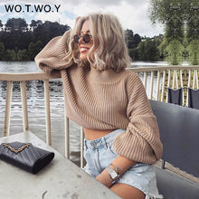 Load image into Gallery viewer, WOTWOY Lantern Sleeve Cropped Sweater Women Autumn Winter Oversized Knitted Sweaters Women Loose Pullovers Femme Crop Tops 2020
