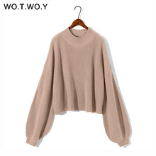 Load image into Gallery viewer, WOTWOY Lantern Sleeve Cropped Sweater Women Autumn Winter Oversized Knitted Sweaters Women Loose Pullovers Femme Crop Tops 2020
