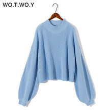 Load image into Gallery viewer, WOTWOY Lantern Sleeve Cropped Sweater Women Autumn Winter Oversized Knitted Sweaters Women Loose Pullovers Femme Crop Tops 2020
