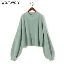 Load image into Gallery viewer, WOTWOY Lantern Sleeve Cropped Sweater Women Autumn Winter Oversized Knitted Sweaters Women Loose Pullovers Femme Crop Tops 2020
