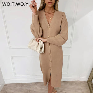 WOTWOY Autumn Winter Basic Long Cardigans Women Casual Single Breasted V-neck Knitting Sweaters Female Button Sweater Lady 2020