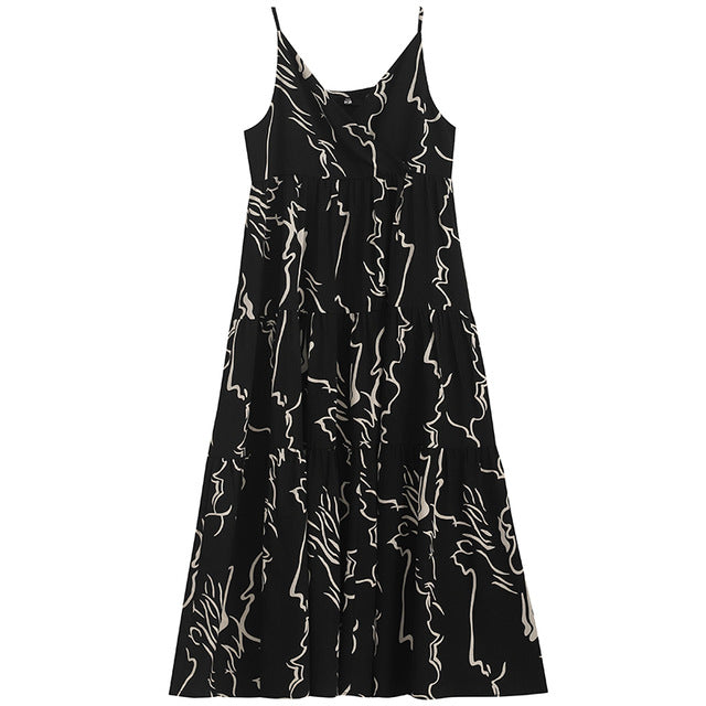 [EAM] Women Spaghetti Strap Black Pattern Print Long Dress New Sleeveless Loose Fit Fashion Tide Spring Autumn 2020 JZ457