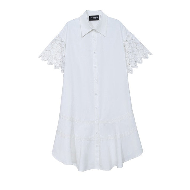 [EAM] Women White Lace Hollow Out Midi Shirt Dress New Lapel Half Sleeve Loose Fit Fashion Tide Spring Summer 2020 1W182