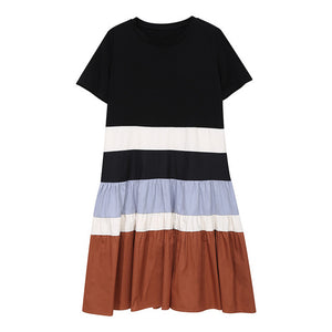 [EAM] Women Black Contrast Color Pleated Midi Dress New Round Neck Short Sleeve Loose Fit Fashion Tide Spring Summer 2020 1W588